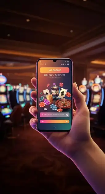 Een speler die op een mobiele telefoon slots speelt in het geoptimaliseerde mobiele casino van Bof Casino, met vloeiende graphics en intuïtieve touch-bediening.